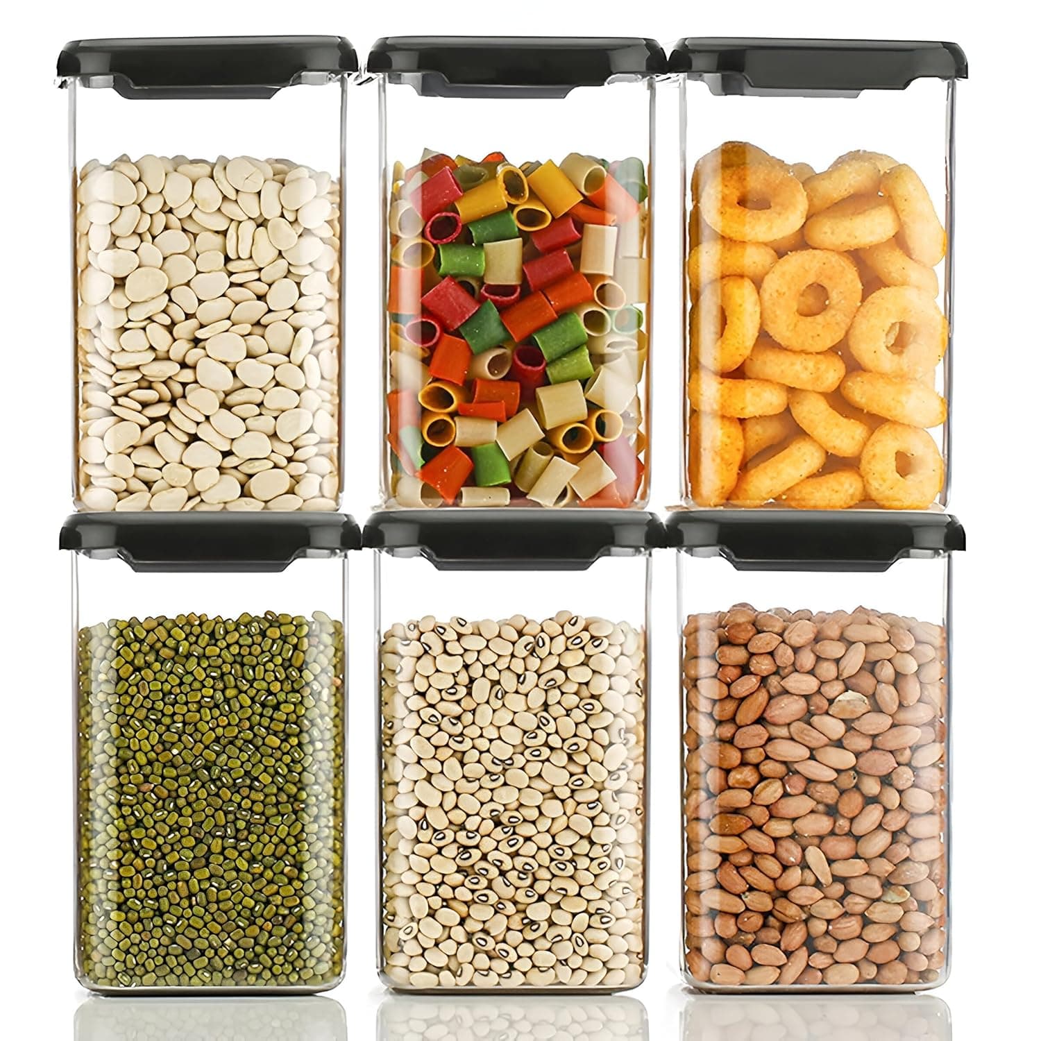 Plastic Kitchen Storage Container with Lid | Clear Food Storage Jar for Pantry | Stackable Container for Rice, Dal, Atta, Pasta, Snacks & Dry Fruits | Kitchen Organizer Box (pack of 6)