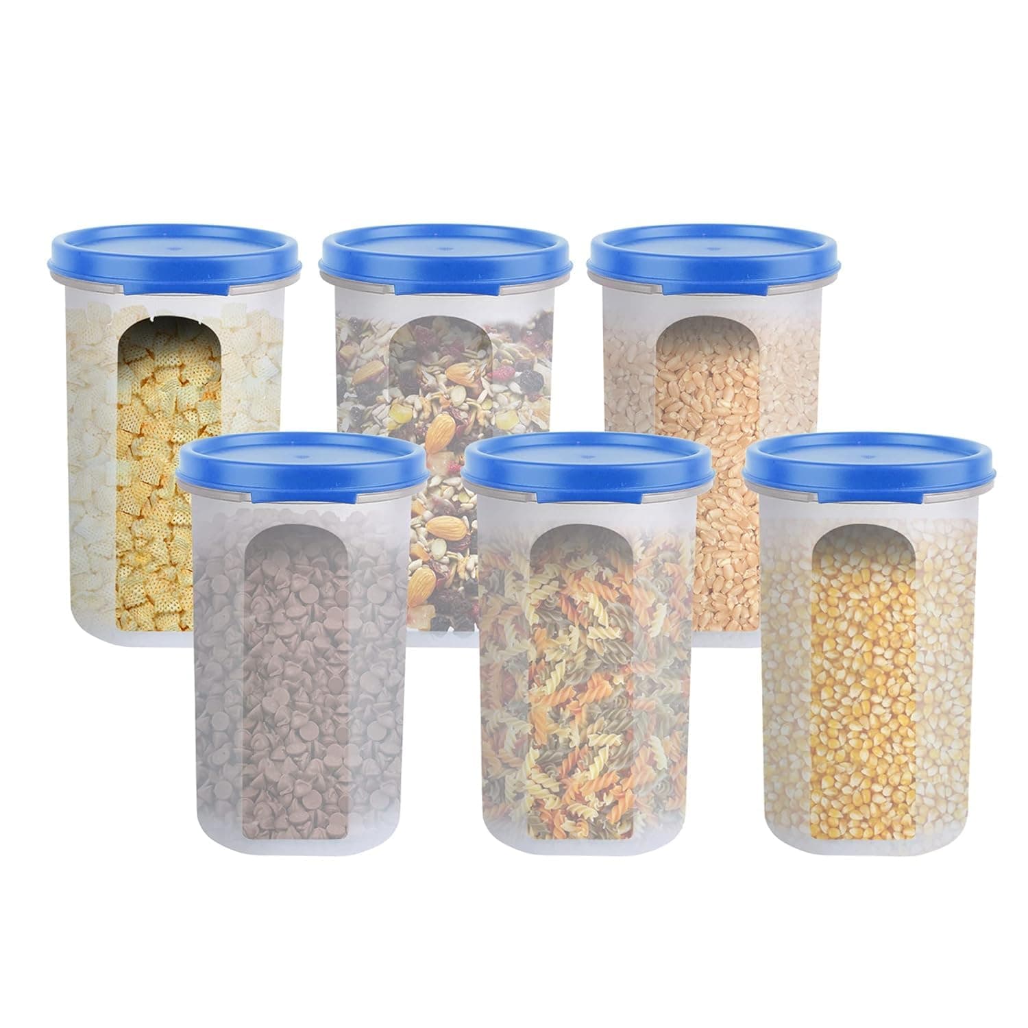 Multipurpose Plastic Food Storage Containers with Lid | Kitchen Pantry Organizer for Rice, Pulses, Cereals, Snacks & Dry Fruits | Stackable Grocery Storage Jars (Pack of 6)