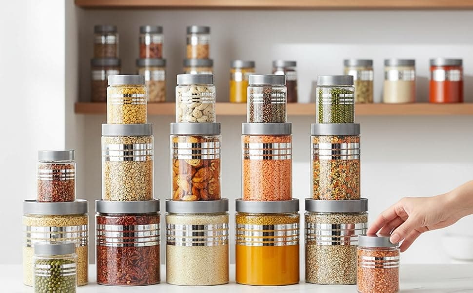 Airtight Container Set with Transparent Lid, Silver Kitchen Storage Dabba Set, Leakproof Food Storage Jars for Grains, Pulses, Spices & Dry Fruits (24)