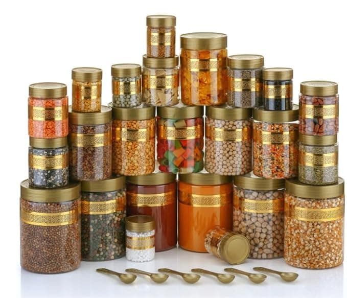 Premium Gold Finish Stackable Plastic Spice Jar Set with Airtight Lids, Modular Kitchen Storage Containers for Masala, Dry Fruits, Pulses & Snacks, Luxury Organizer Set (24)