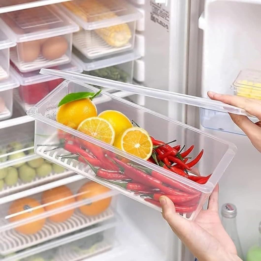 fridge Storage Organizer Box with Lid, Transparent Fridge Drawer Container for Fruits, Vegetables & Food Storage, Plastic Kitchen Fridge Organizer Basket for Pantry & Cabinet(pack of 3)