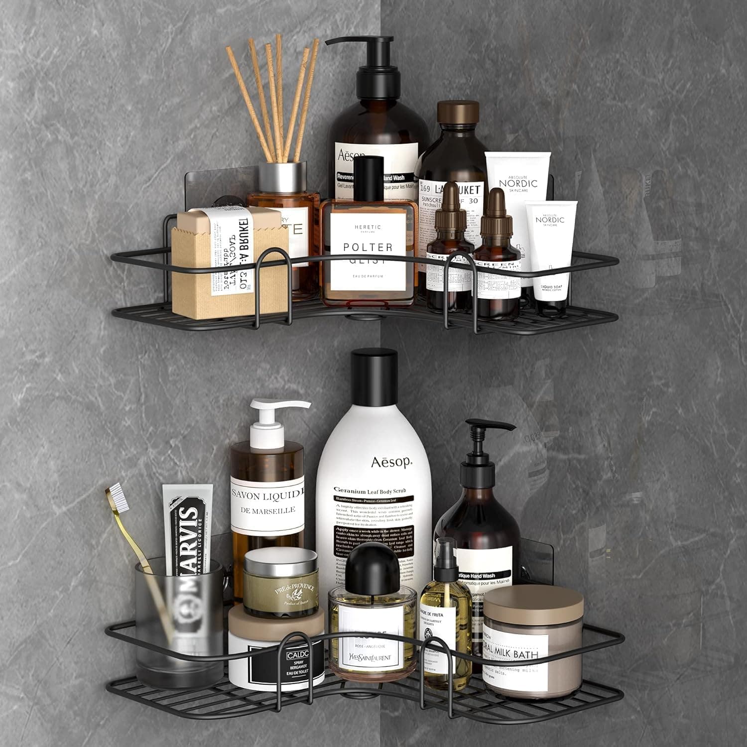 Click to see full view Product Image Product Image Product Image Product Image Product Image Product Image Product Image3+ Ask Rufus Can it hold large shampoo bottles? Does it come with installation instructions? Is it easy to clean? Ask something else Self Adhesive Bathroom Shelf Organizer | No Drill Plastic Wall Rack for Shampoo, Cosmetics & Toiletries | Bathroom Accessories Multipurpose Storage Shelf and Bathroom Metal Rack