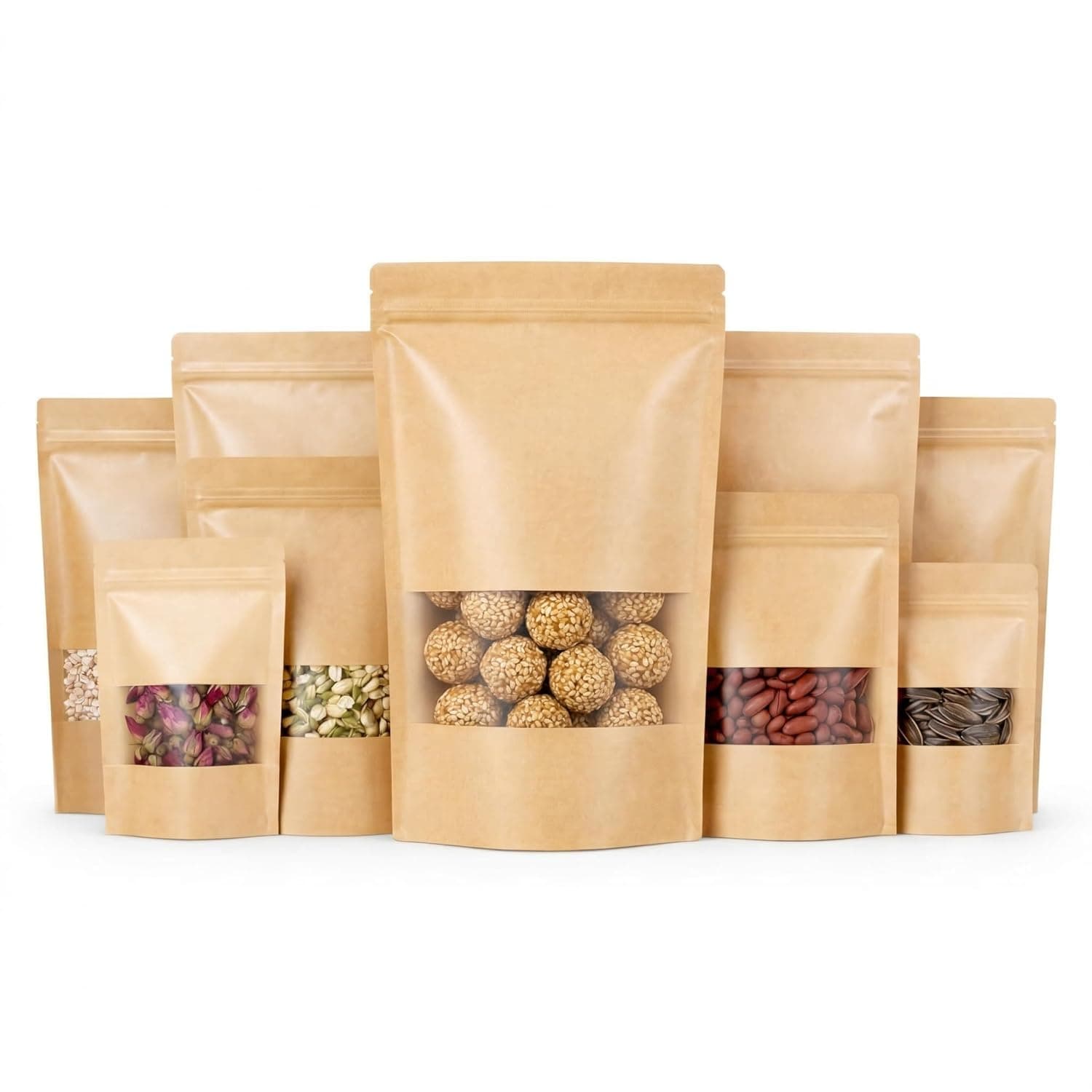 Brown Kraft Paper Stand Up Zip Lock Pouch Bags with Transparent Window, Reusable Food Storage Packaging Bags, Heat Sealable Airtight Pouches for Tea, Coffee, Snacks, Spices & Dry Fruits50g(50pcs)