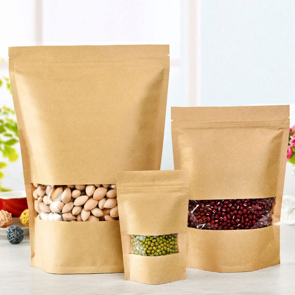 Brown Kraft Paper Stand Up Zip Lock Pouch Bags with Transparent Window, Reusable Food Storage Packaging Bags, Heat Sealable Airtight Pouches for Tea, Coffee, Snacks, Spices & Dry Fruits 250g(50pcs|)