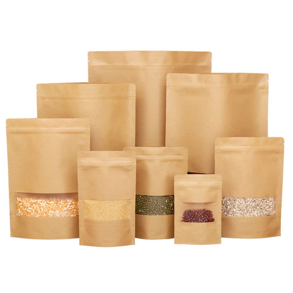 Brown Kraft Paper Stand Up Zip Lock Pouch Bags with Transparent Window, Reusable Food Storage Packaging Bags, Heat Sealable Airtight Pouches for Tea, Coffee, Snacks, Spices & Dry Fruits500g(50pcs)
