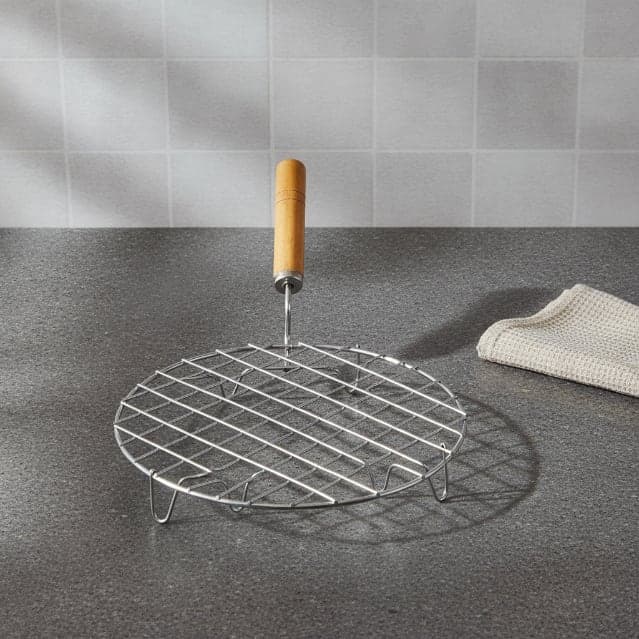 Stainless Steel Papad Roaster for Gas Stove, Round Roti Papad Roasting Grill with Wooden Handle, Kitchen Toasting Rack