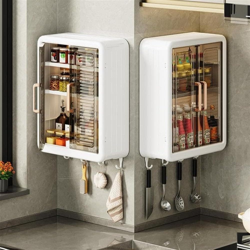 Wall Mounted Kitchen Storage Cabinet with Transparent Doors, Multipurpose Kitchen Organizer Rack with Shelves & Hooks, Space Saving Wall Shelf for Spice Jars, Utensils & Home Storage